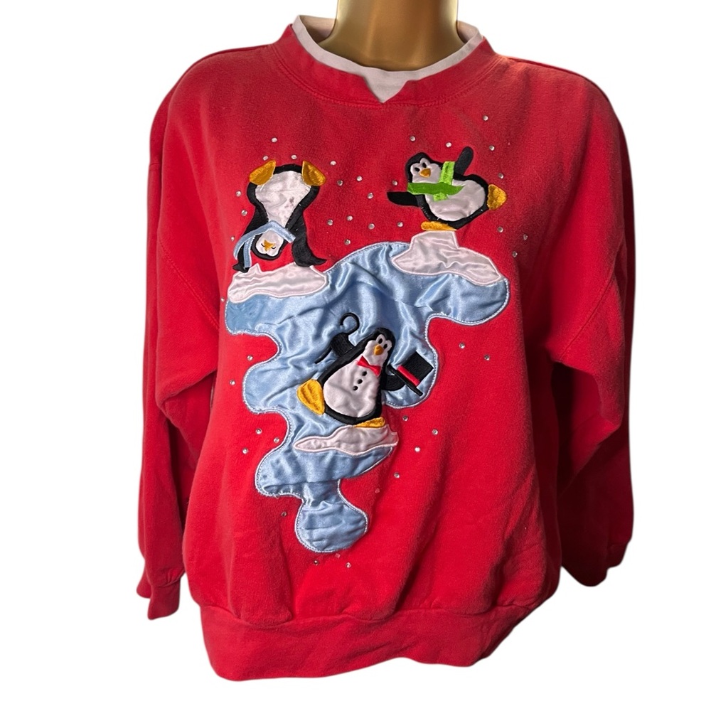 Vintage 90s Y2K Metropolitan Crewneck Sweatshirt Penguin Appliqué Christmas L